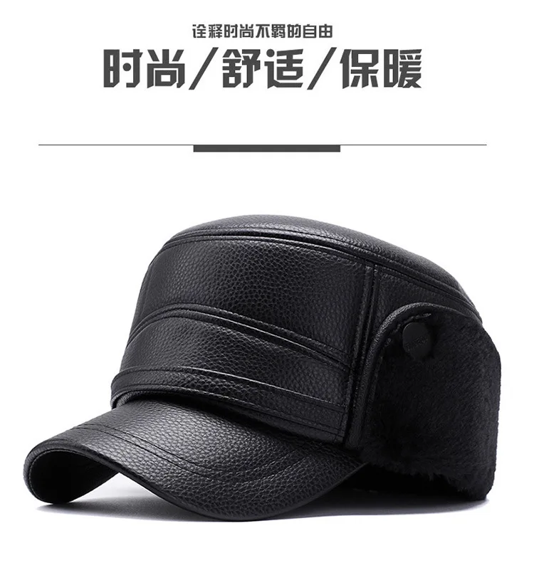 

Peaked Old Hat Men Cap PU Waterproof Thickened Flat Warm Fur Father Grandfather Golf Ear Protective Trucker