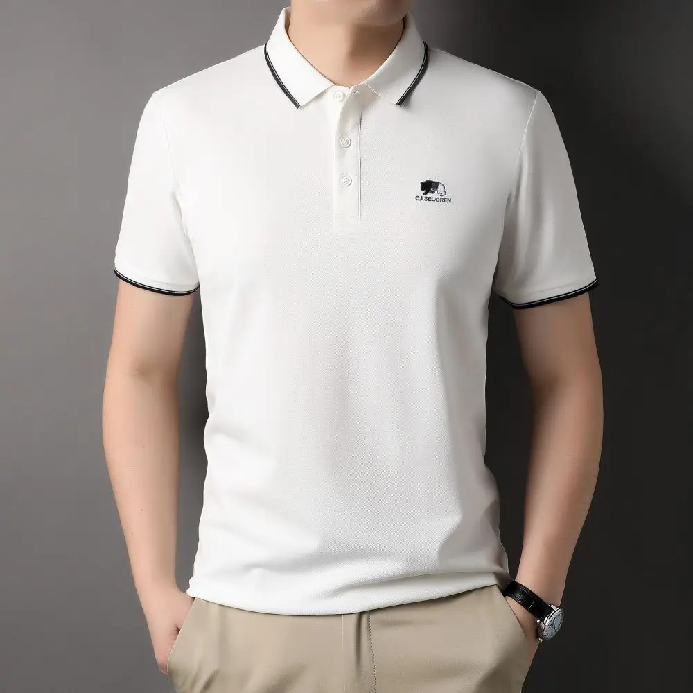 COODRONY Summer New Men's Polo-Shirt Cute Animal Embroidery Business Casual Collar Stripe Slim Tops Breathable Comfortable R5008