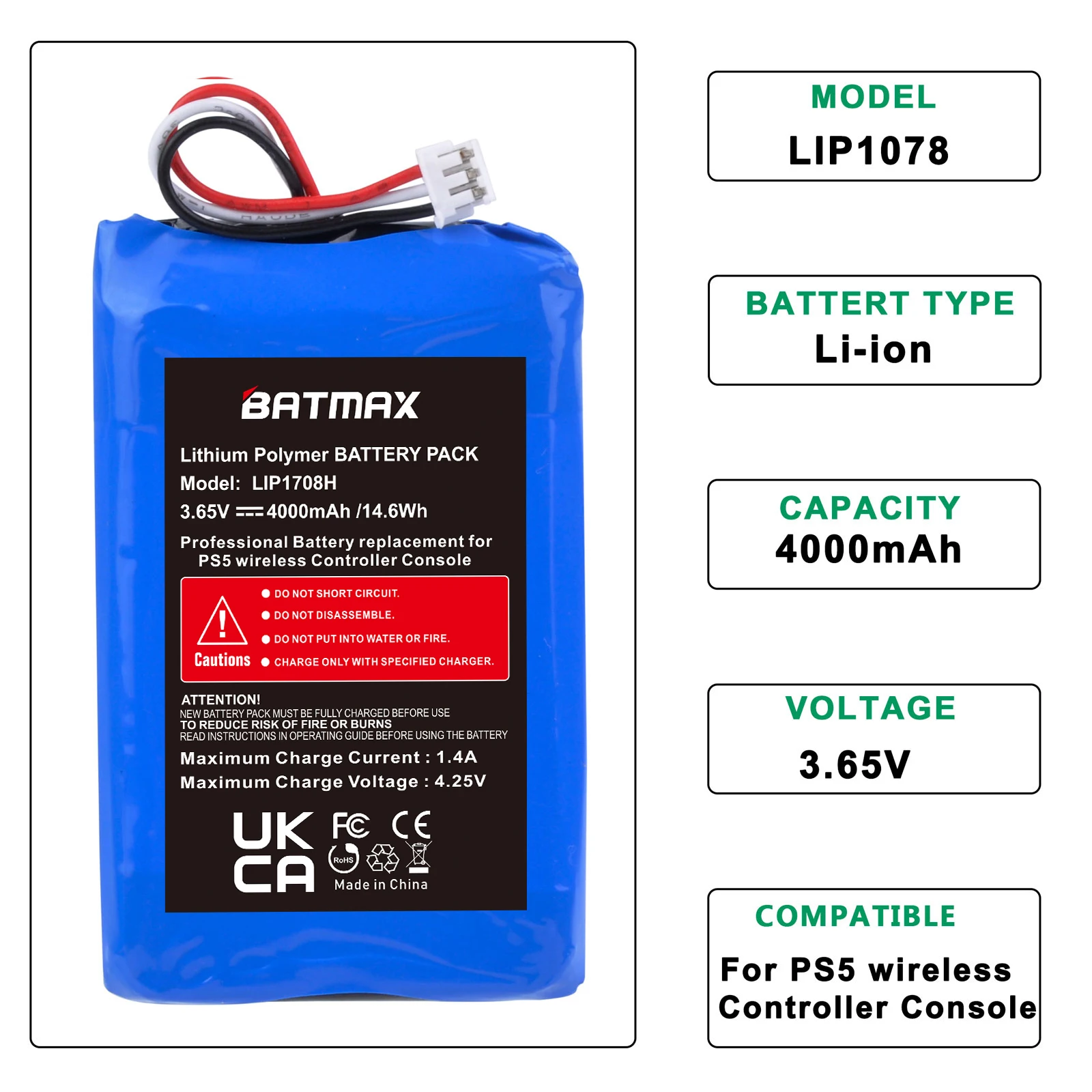 10X4000mAh PS5 Replacement Battery Akkus LIP1078 for Sony PS5 CFI-ZCT1W DualSense Wireless Controller