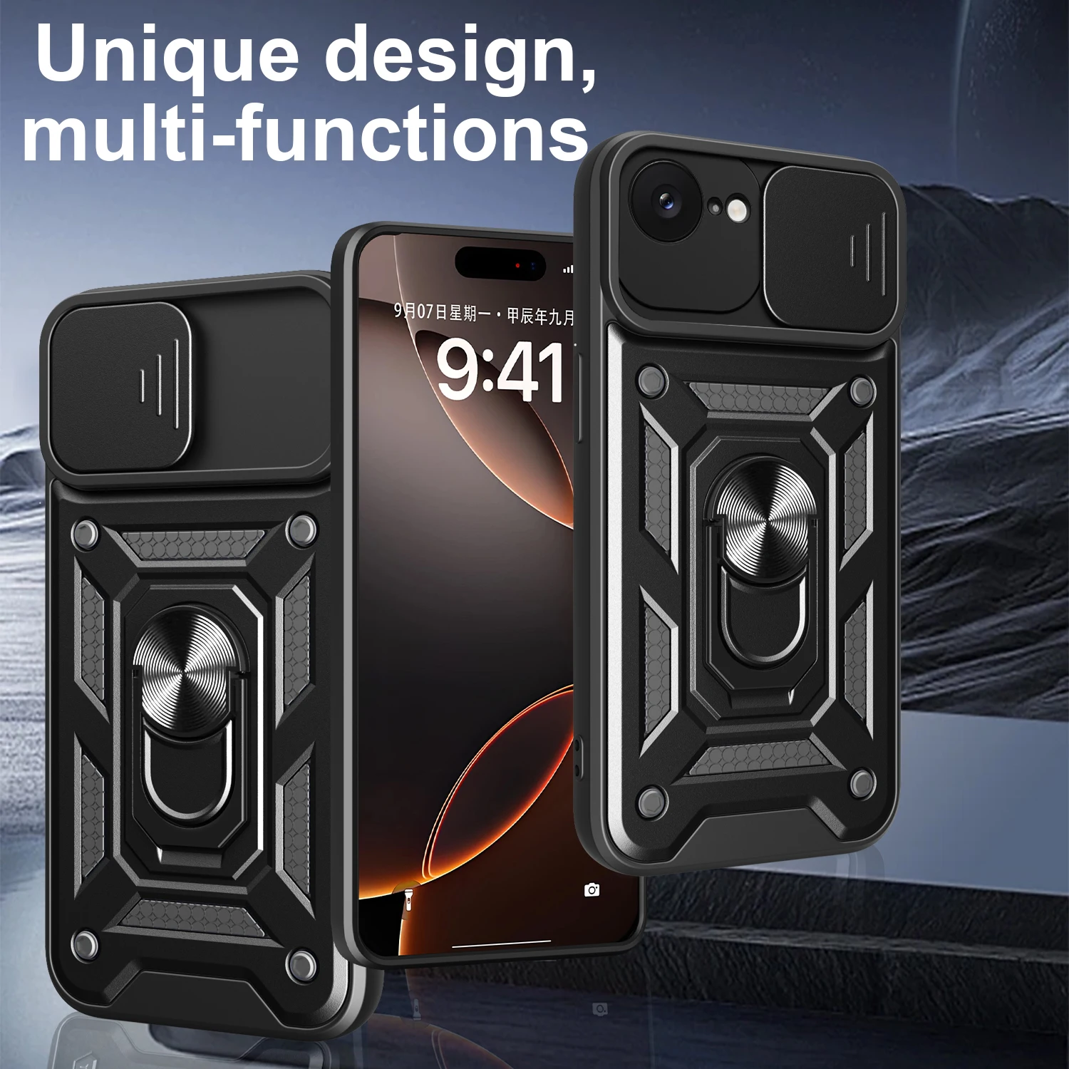 Dual-Layer Ring Kickstand Armor Case with Slide Lens Protection