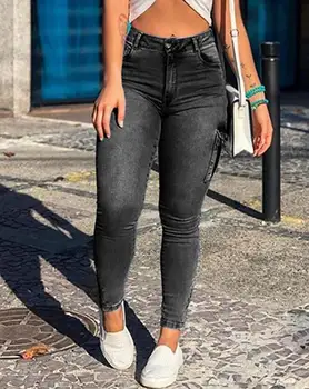 Women's Denim Pants 2025 Summer New Fashion Solid Color Buttoned Pocket Zipper Design High Waist Casual Daily Skinny Jeans 2