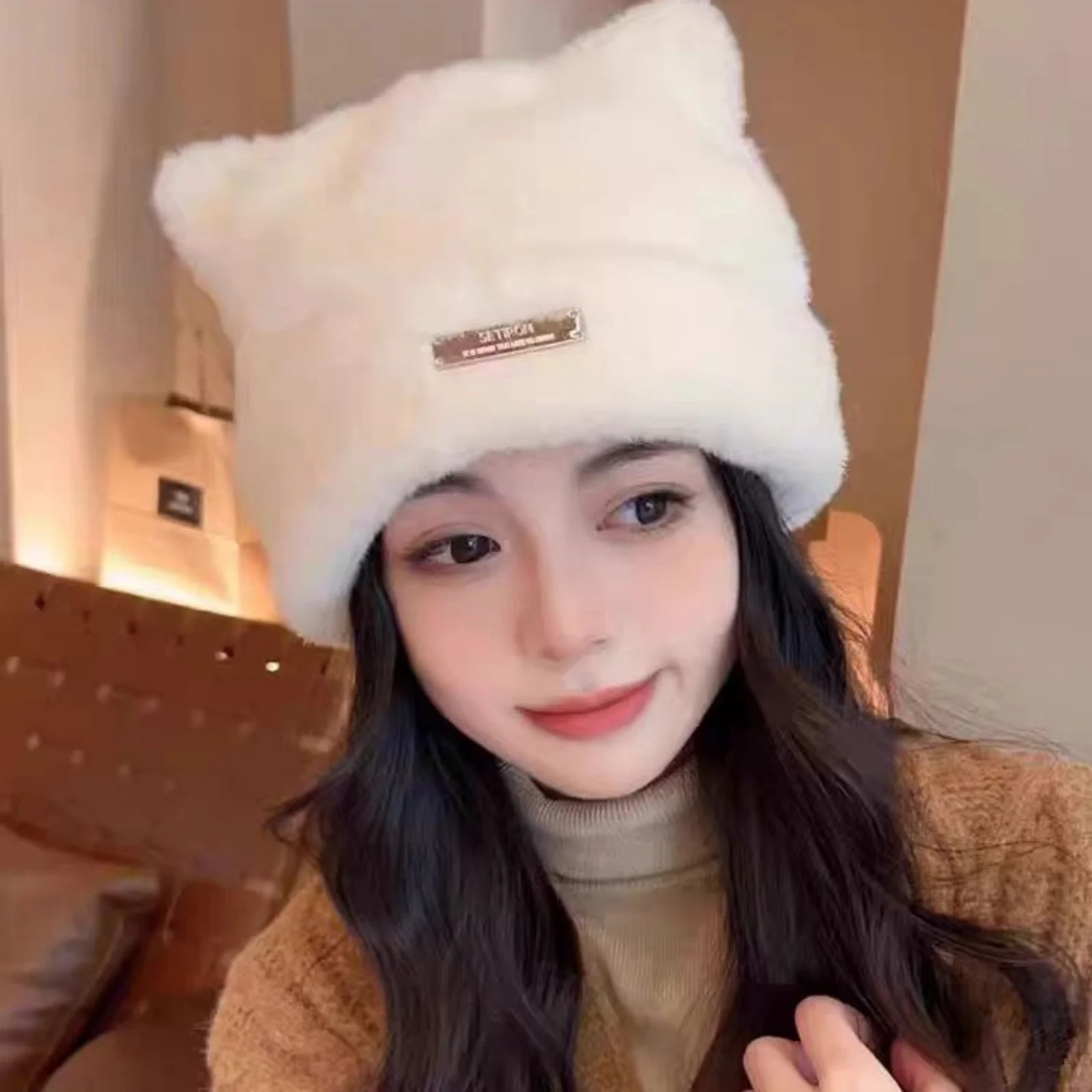 1PC Faux Fur Cat Ear Beanie, Soft Fluffy Winter Hat, Cute Animal Ear Warm Cap, Stylish Warm Women's Headwear