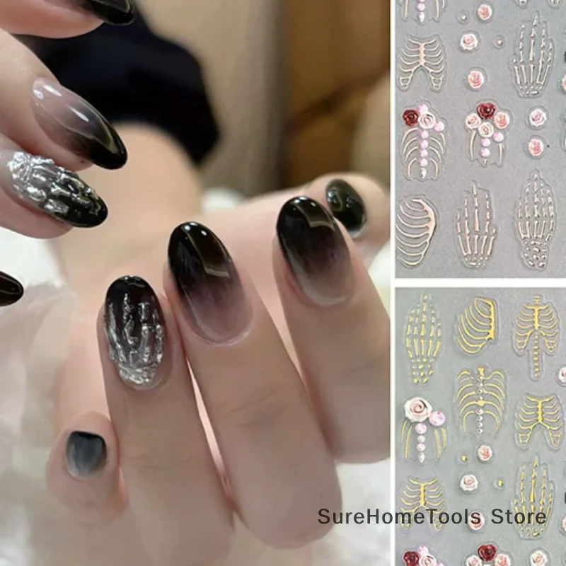 5D Halloween Christmas Nail Stickers Relief Skeleton Nail Decal Halloween Party Manicure Slider