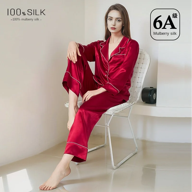 Women's 100% Mulberry Silk Pajama Set - All-Season Luxury Satin Sleepwear with Elegant Rhinestone Trim Soft And Breathable Loung 1
