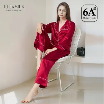Women's 100% Mulberry Silk Pajama Set - All-Season Luxury Satin Sleepwear with Elegant Rhinestone Trim Soft And Breathable Loung 1