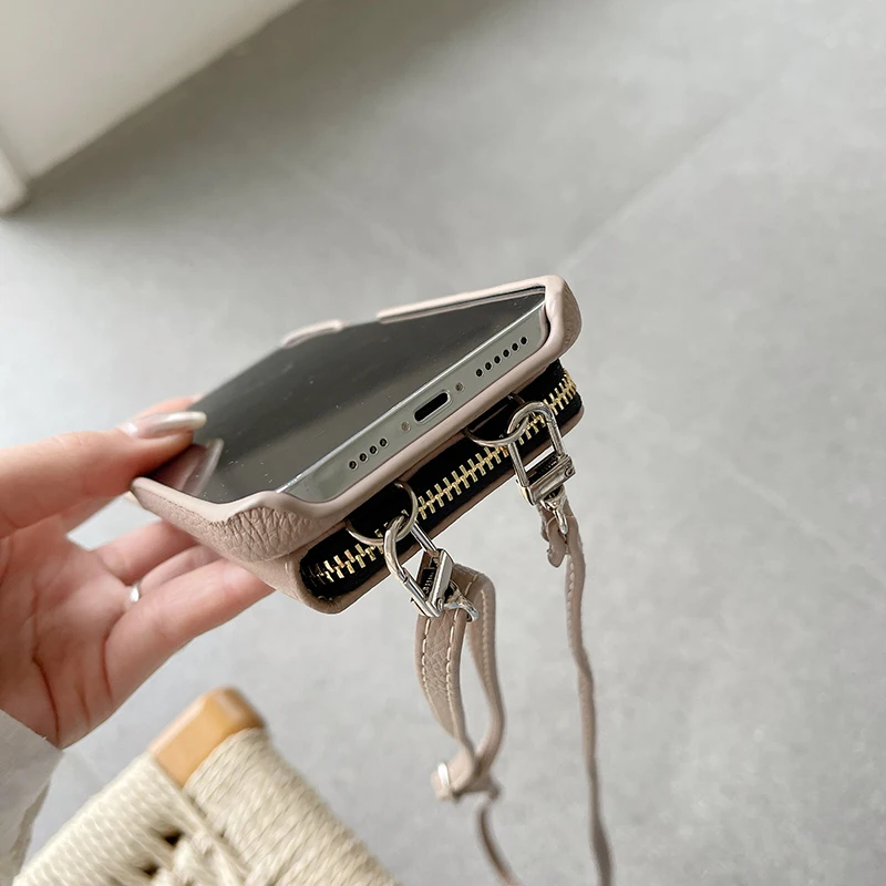 Luxury Zipper Card Slots Wallet Crossbody Strap Case in PU Leather