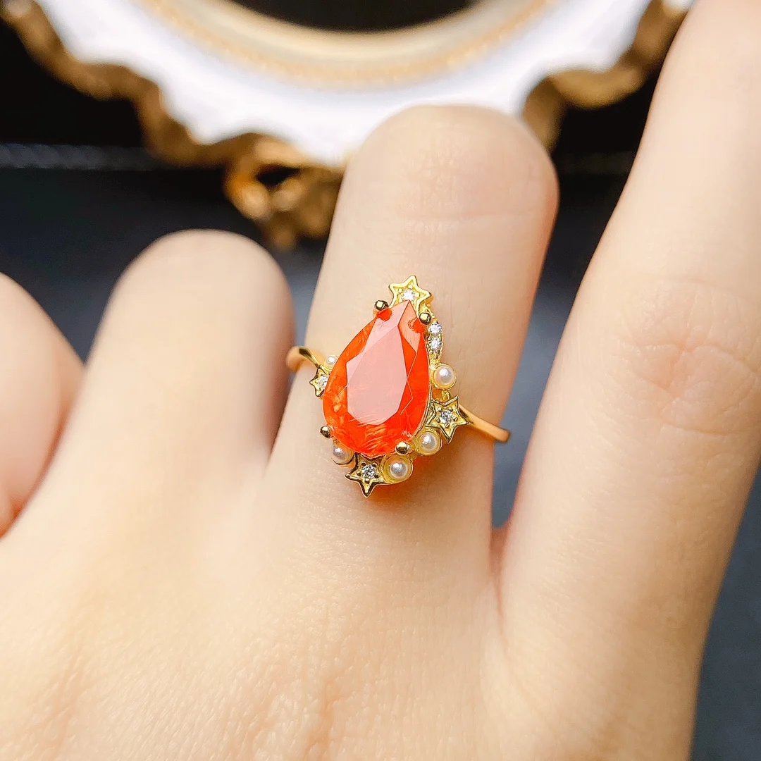 AAA VVS Orange Fire Opal Natural Untreated Earth Mined Red Opal Engagement Ring 925 Silver Opal With Star Promise Rings