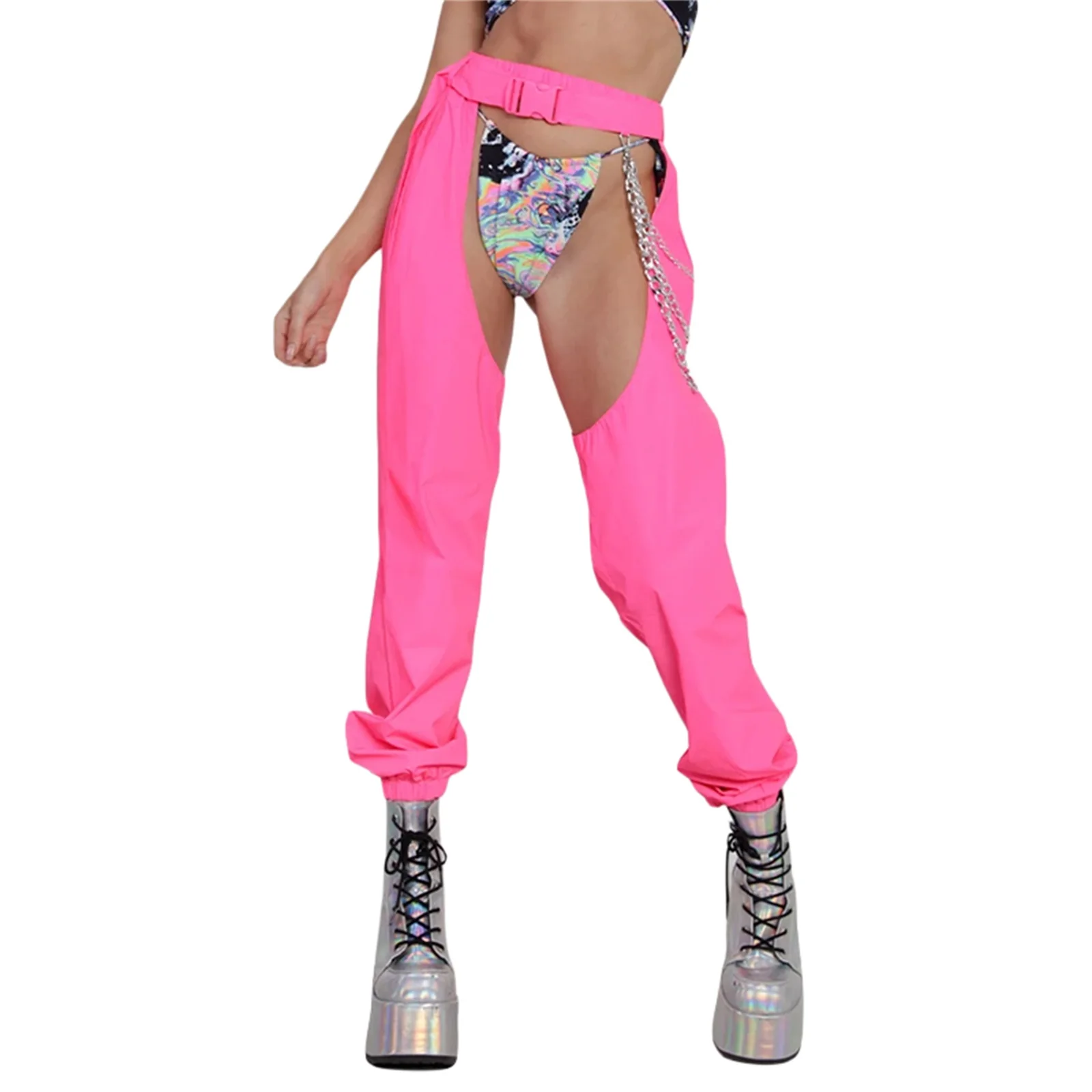 

Women Buckles Bottomless Pants High Waist Cargo Trousers Crothchless Color Block Boggy Trousers Long Rave Legging