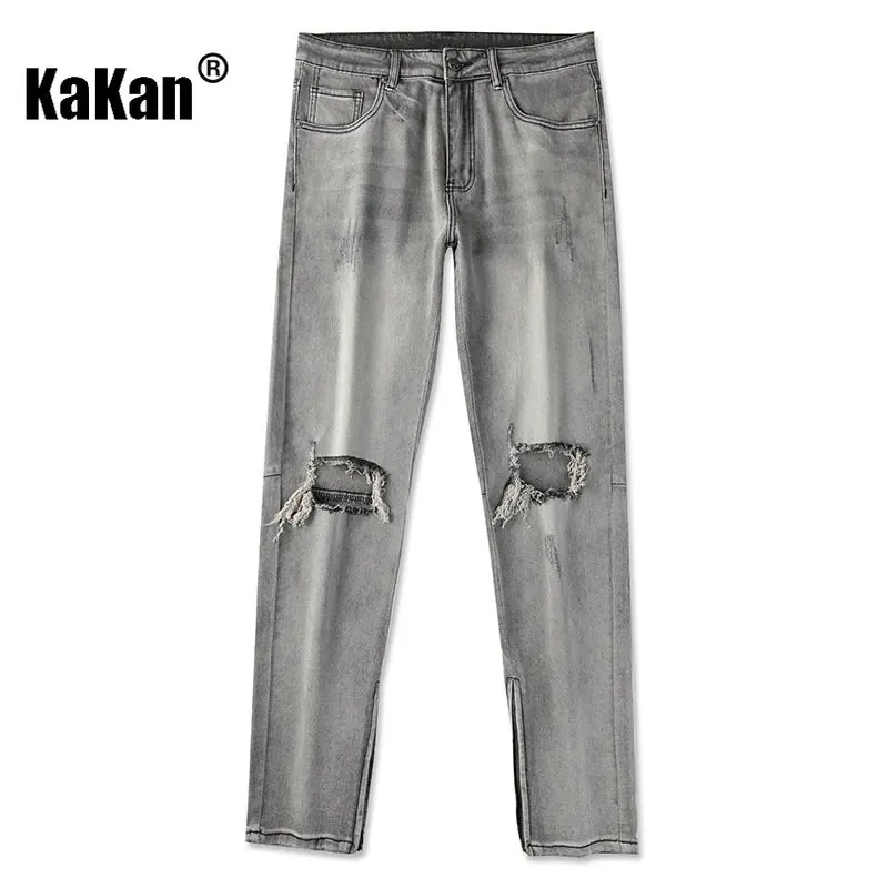 Kakan - New High Street Washed Hole Zippered Jeans for Men, Black Grey Slim Fit Long Jeans K24-JX5578