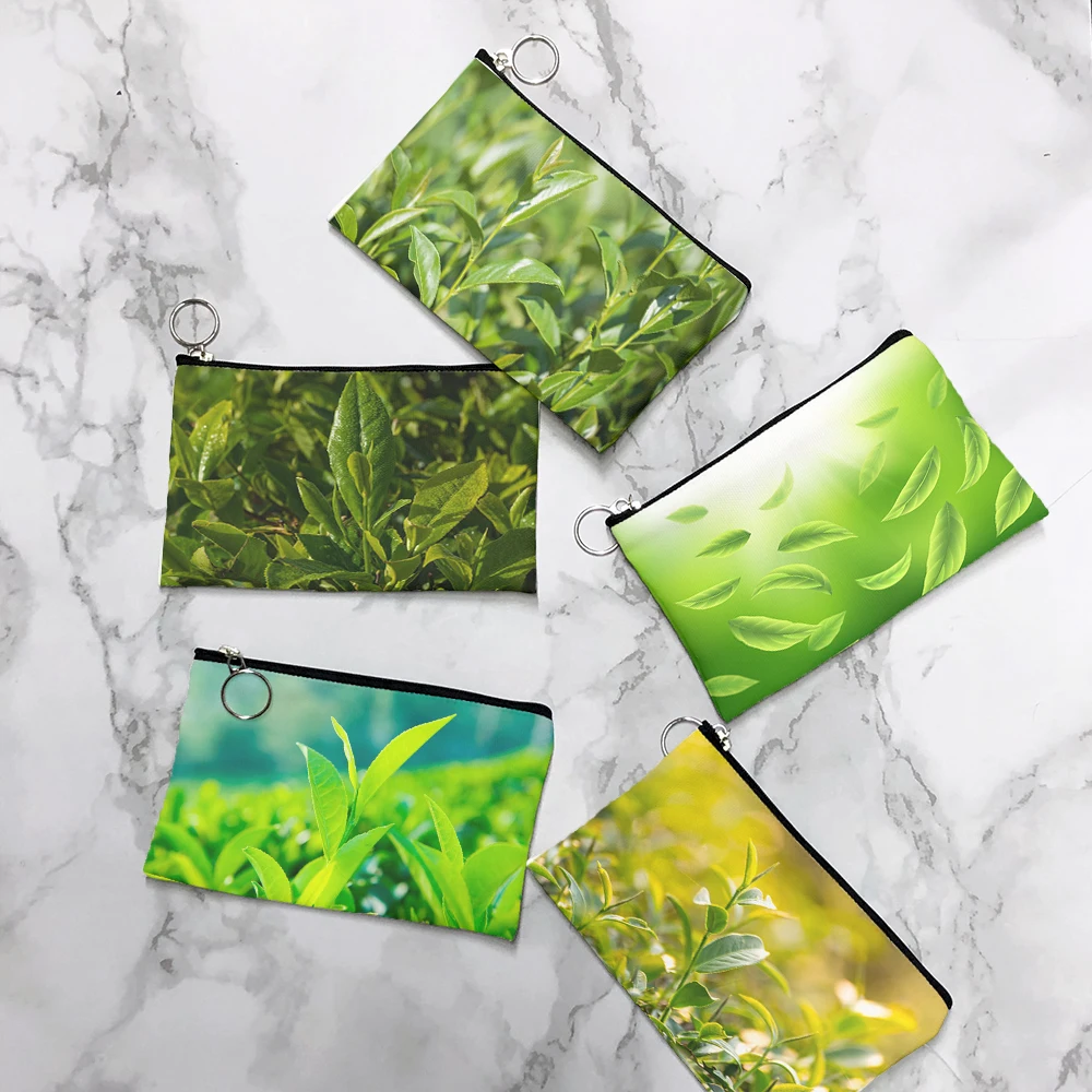 

Interesting tea pattern printing wallet green tea canvas coin wallet ladies girl earphone coin key money storage bag zipper bag