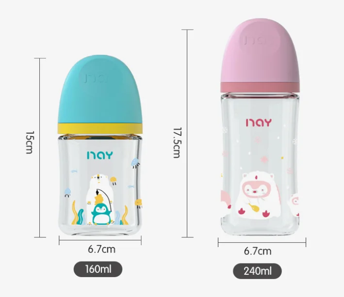 Colorful cartoon baby anti choking glass bottle 160ml 240ml for 0-3 month