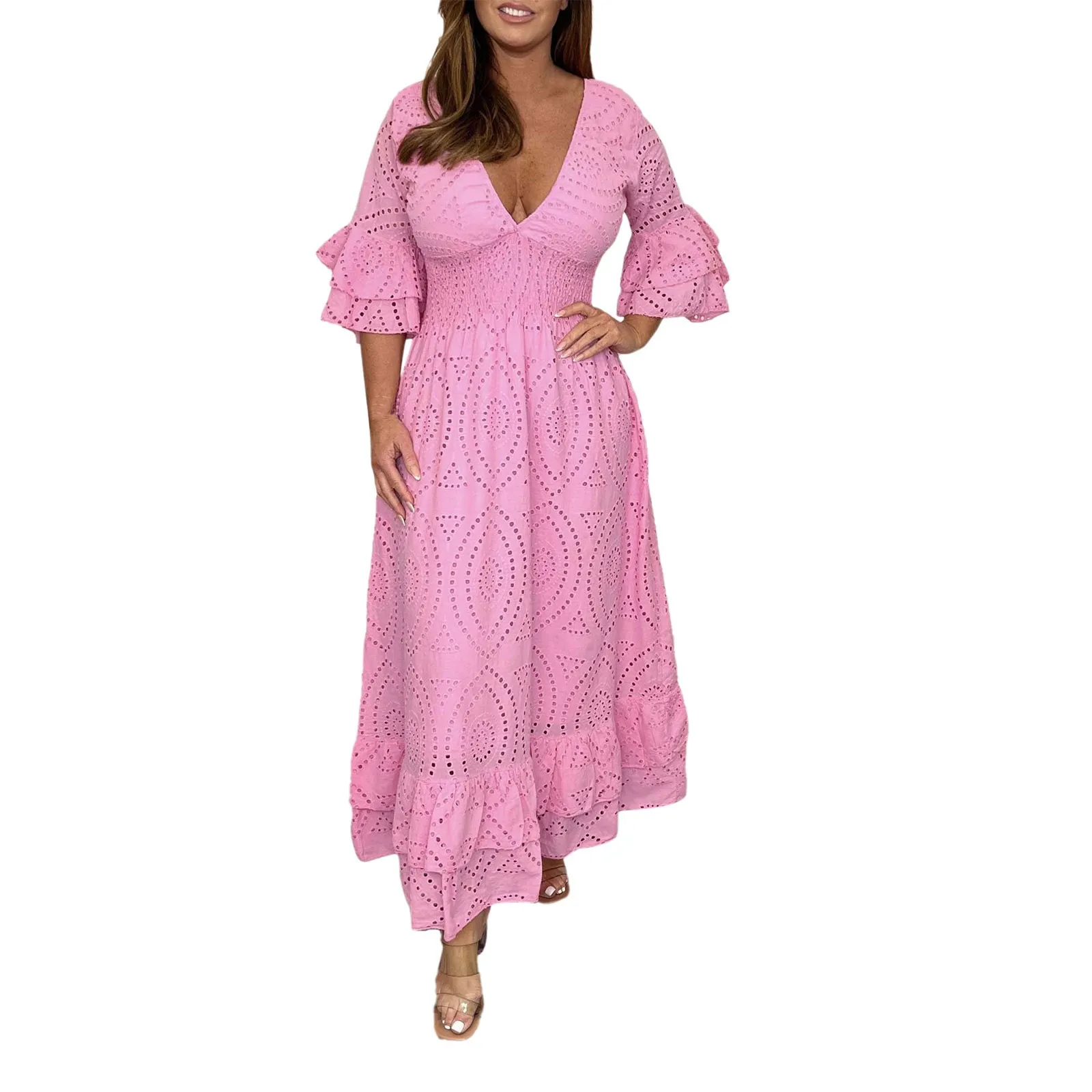 

Women's Comfortable Loose Fit High Waist Embroidered Solid V Neck Dress Retro Cocktail Evening Formal Dress Vestido