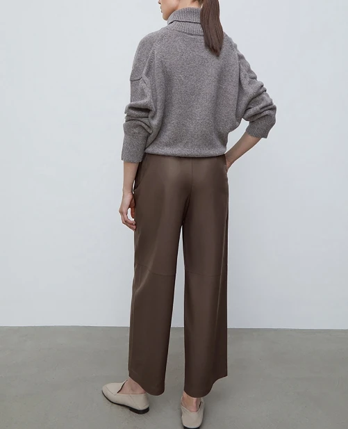 Women's Brown Casual PU Leather Straight Leg Pants Temperament Commuting Female Clothing Woman Fashion High Waist Trousers
