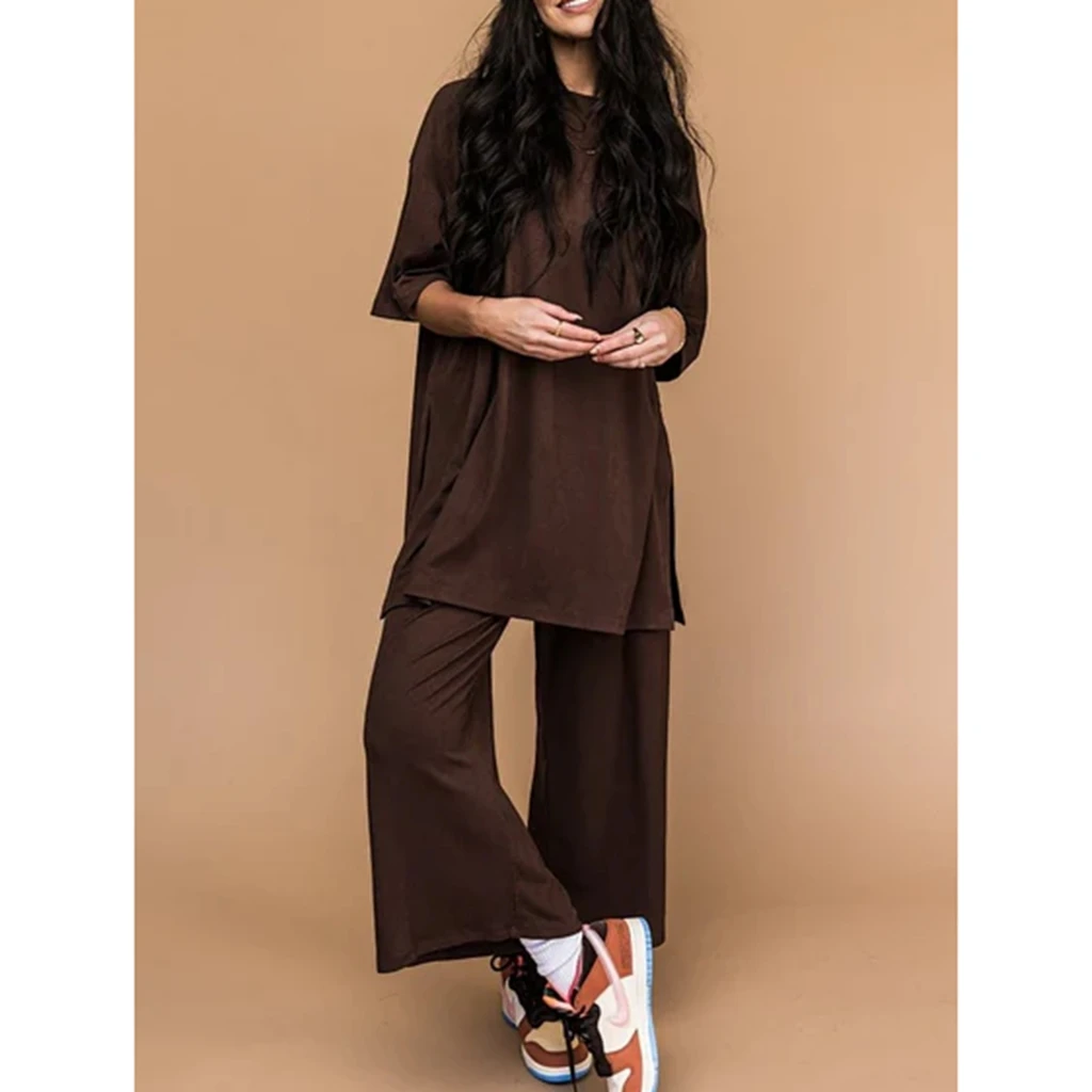 Combhasaki Womens Summer 2Piece Solid Color Outfits Set Short Sleeve Crew Neck Side Split T-Shirt+Loose Ankle-Length Capri Pants 4