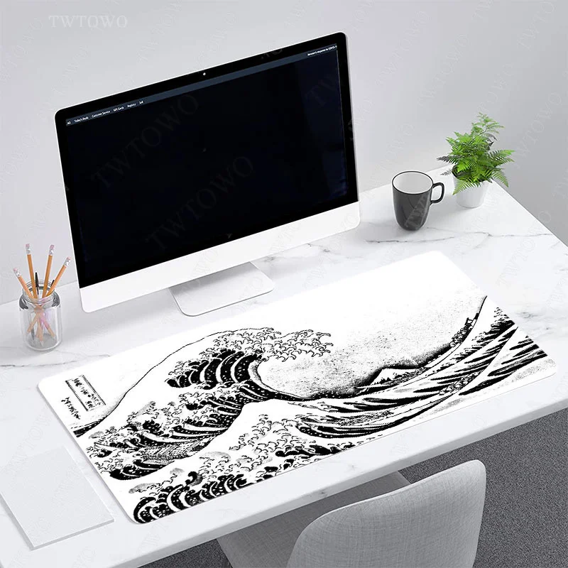 Japão Arte Grandes Ondas Mouse Pad Gaming xl Personalizado hd Novo Mousepad Xxl Playmat Non-slip Computador de Escritório Almofada de Ratos Preto & Branco - Imagem 6