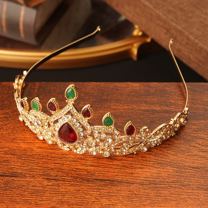 Water Drop Green Red Rhinestone Bridal Crown Morocco Trendy Luxury Gold Plated Bridal Headdress Arabic Wedding Gifts for Women