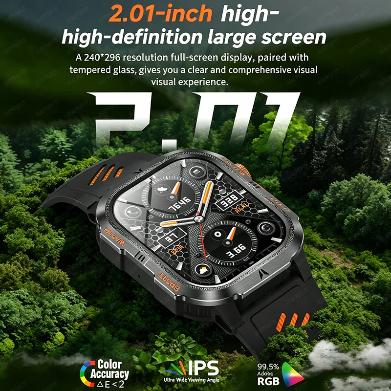 새로운 야외용 견고한 군용 스마트 워치 남성용 1200mAh 2.01” HD 스크린 블루투스 통화 IP68 방수 LED 손전등 스마트 워치