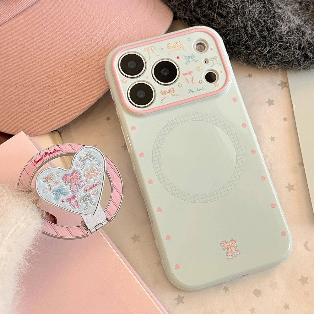 Glitter Colorful Bowknot Fold Heart Magnetic Holder Shockproof Phone Case Cover