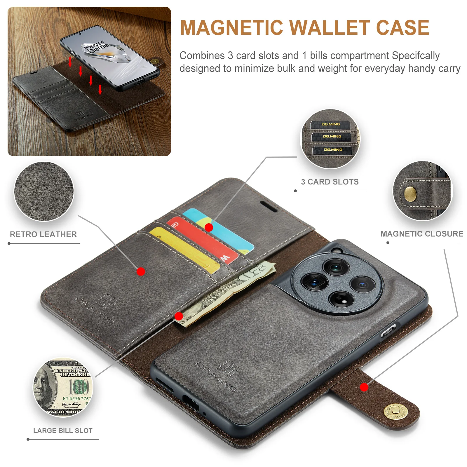DG.MING Detachable 2Folding Case For OnePlus 13 12 11/Nord 2 5G/9RT 5G Wallet Case Leather Magnetic Cover for OnePlus 9/9Pro/9R 3