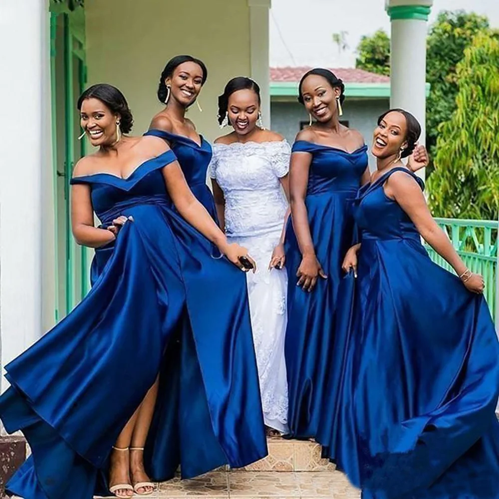 

Royer Blue Off-Shoulder Bridesmaid Dresses Plus Size Girl Sleeveless Floor-Length Satin Woman Lady Wedding Party Gown