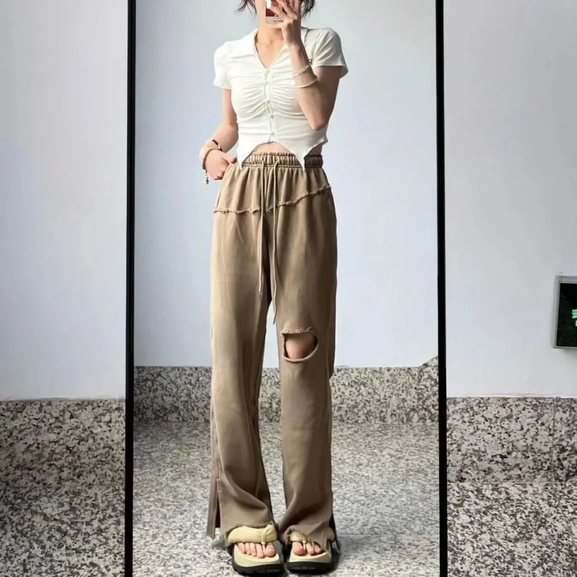 Brown Wide Leg Pants Women Hole Y2k Streetwear Vintage Loose Sweatpants Korean Fashion 2023 Spring Casual Trousers