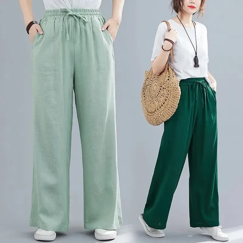 

Pants Women's Summer Solid Color Thin Casual Wide Leg Trousers Elastic Waist Drawstring Loose Cotton Hemp Female Clothing ZM382
