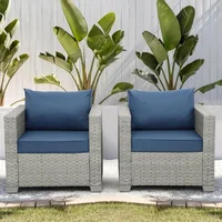 Outdoor Sofa Wicker Patio Chairs Set of 2, Porch Single Chair Rattan Deep Seating Armchair Balcony Furniture with Blue Cushion 1