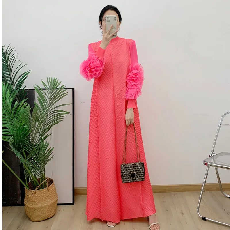 

COZOK New Spring Casual Wear Temperament Trend Long Dress Pleated Sleeve Loose Solid Color Round Neck Grace Women WT103