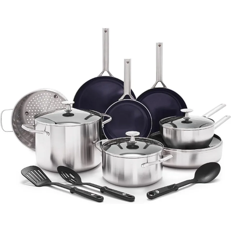 

Cookware Tri-Ply Stainless Steel Ceramic Nonstick, PFAS-Free, Multi Clad, Induction,Dishwasher Safe,Oven Safe Cookware Sets Pots