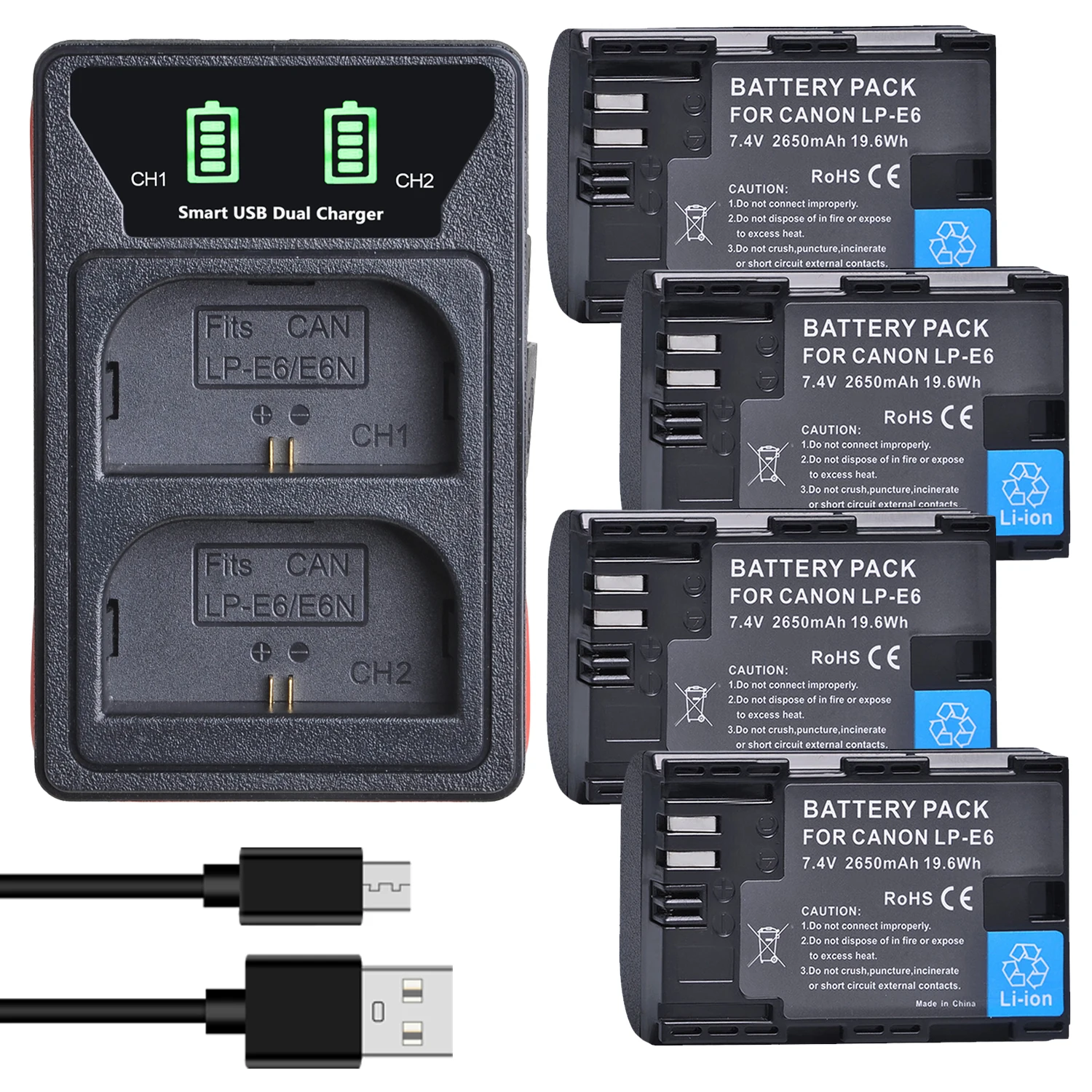 Batteria Per Fotocamera 2650Mah Lp-E6 Lp-E6N + Caricabatterie Per Canon Eos 6D 7D 5D Mark Ii Iii Iv 5Ds 60D 60Da 70D 80D 90D R5C R5 R6 Xc10 Xc15