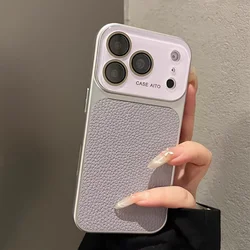 Luxury Lychee Leather Matte Plated Shockproof Phone Case with Candy Colors and Camera Protection - iPhone 15 (Purple)