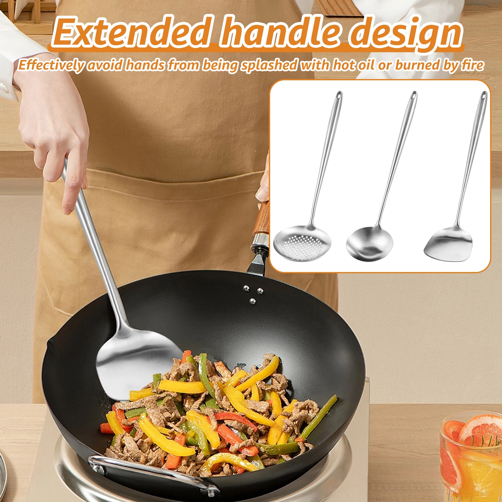 Stainless Steel Chinese Cooking Utensils Set Solid Wok Spatula and Ladle Skimmer Spoon Hanging Hole Design Kitchen Cooking Tools