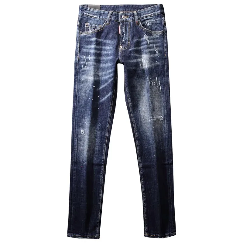 Fashion Designer Men Jeans High Quality Retro Blue Elastic Slim Fit Painted Ripped Jeans Men Brand Vintage Denim Pants Hombre