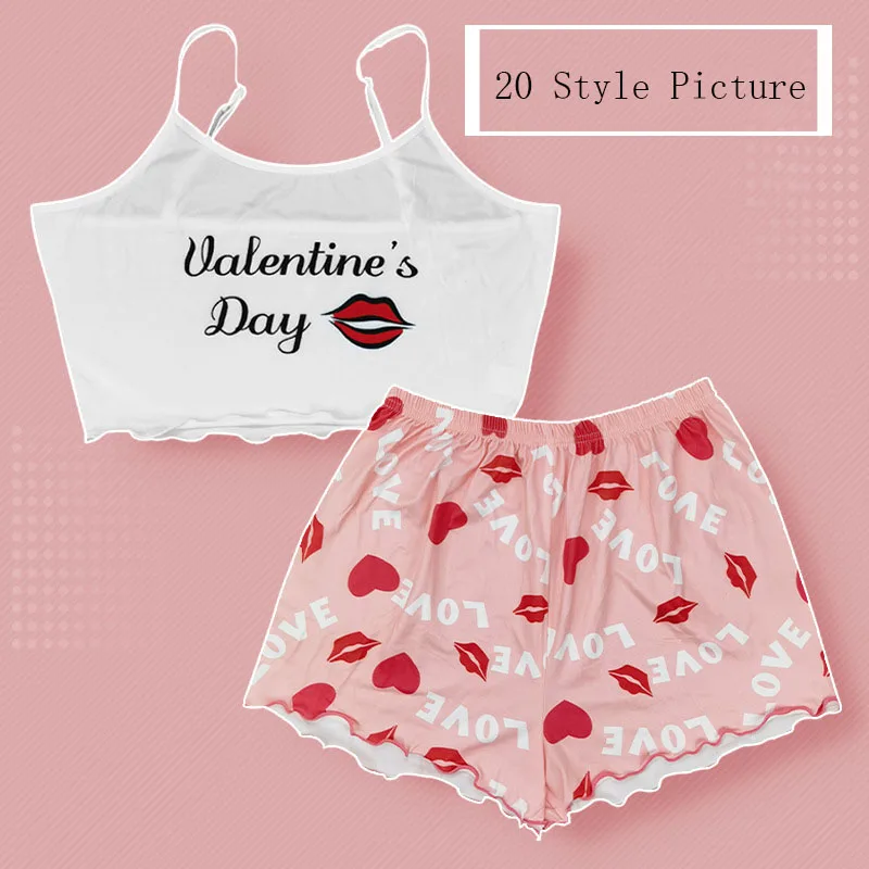 Sexy satin camisole shorts pajamas suit female imitation ice silk V-neck cool home clothes summer cartoon print girls sleepwear