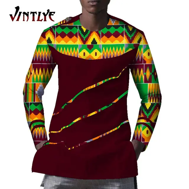 African clothes for men casual dashiki shirts patchwork printed blouse bazin riche kente style o neck