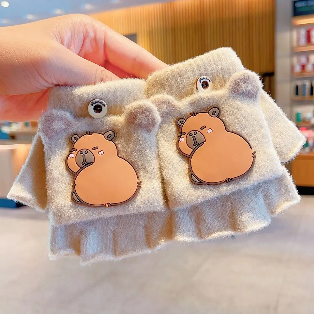 New 6-10 Years Old Half Finger Gloves Thickened Cold-Proof Winter Flip Gloves Warm Elastic Kids Knitted Mitten School