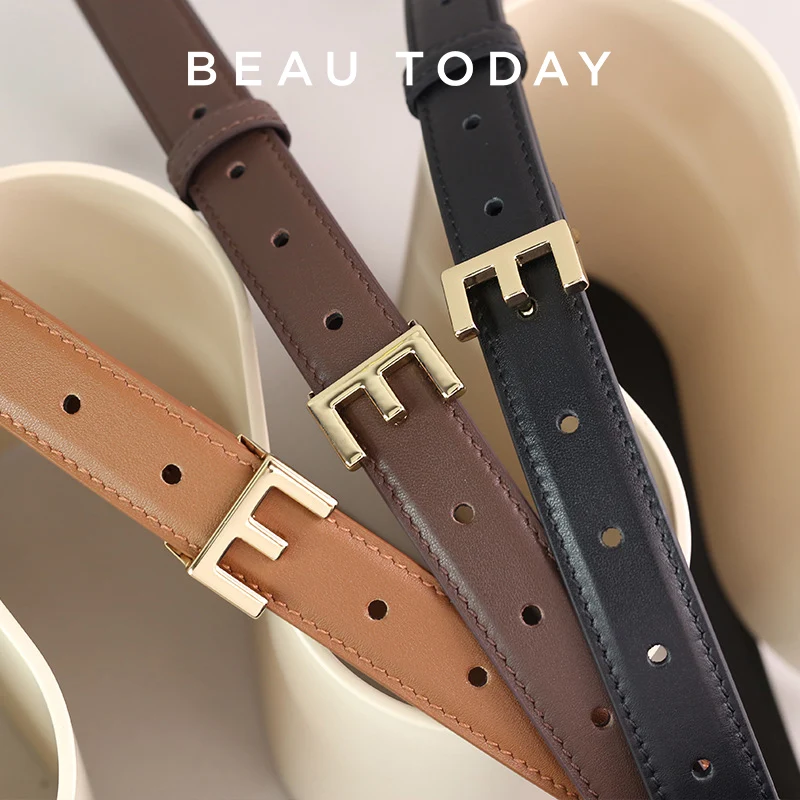 

BEAUTODAY Belt Women Genuine Cow Leather Golden Buckle E Print Dress Jeans Ladies Waistband 2023 Fashion Designer B49