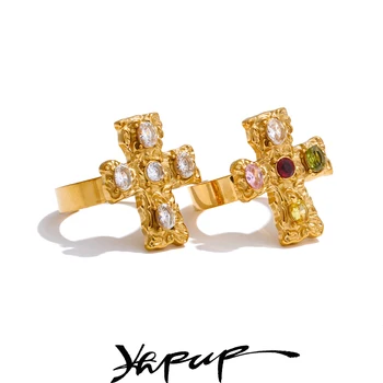Yhpup Vintage Colorful Cubic Zirconia Cross Open Adjustable Golden Ring Stainless Steel PVD Plated Trending Finger Jewelry Gift 1