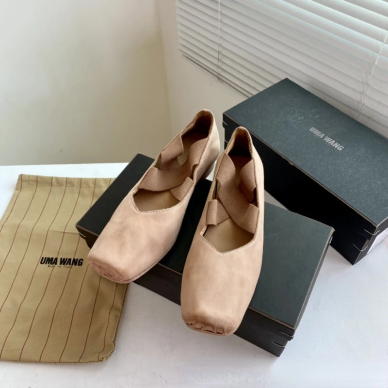 

New Fashion Spring Women Handmade Vintage Ballet Shoes with Cross Heel and Square Toe Flat Sole Girl