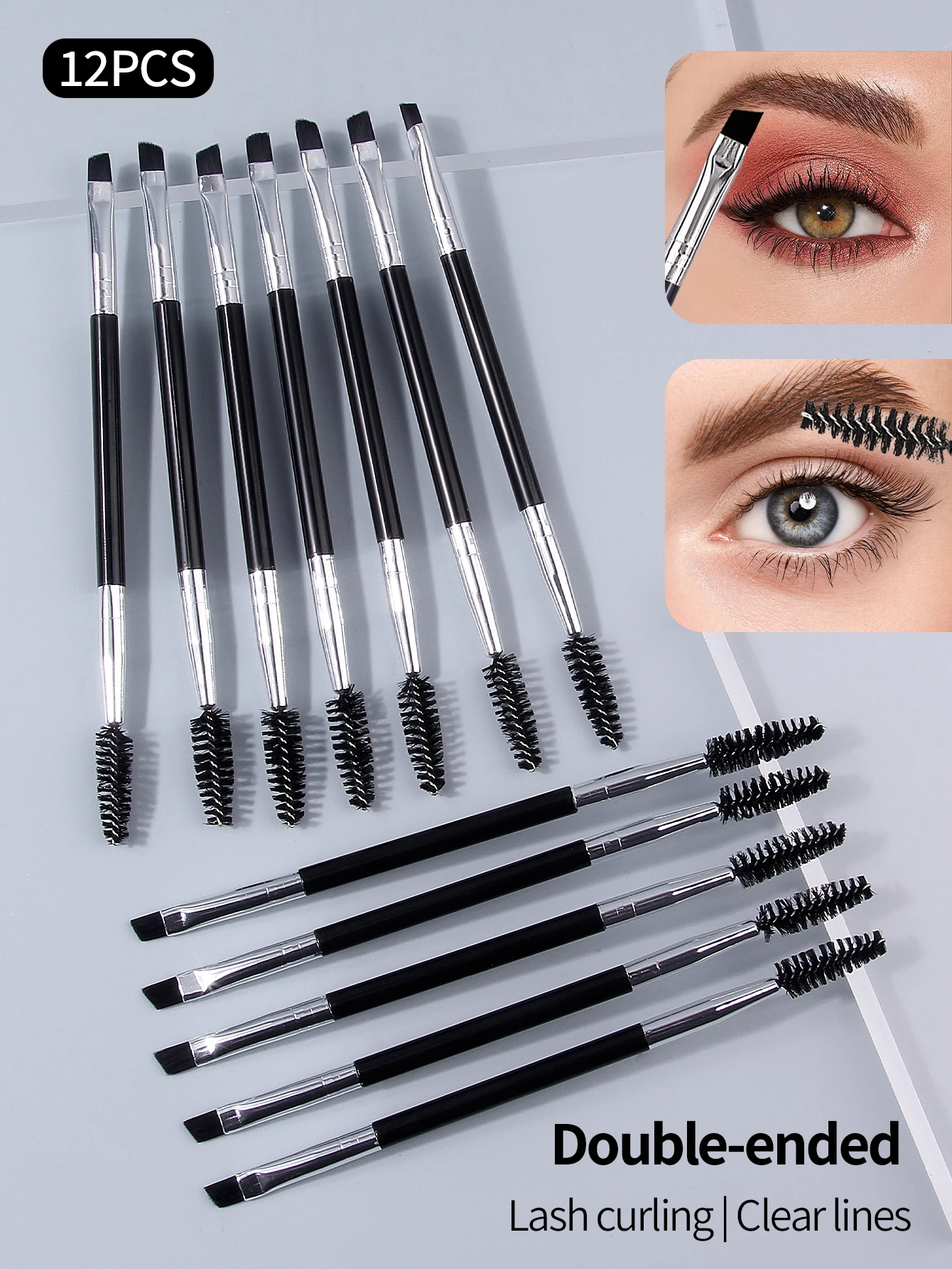 12개의 양면 눈썹 및 속눈썹 브러쉬, 전문가용 휴대용 각진 눈썹 라이너 및 스풀리 세트 (쉐이핑 및 그루밍용)