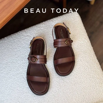 BEAUTODAY Flat Sandals Genuine Leather Metal Buckle Decro Slingback Low Heel Summer Retro Ladies Shoes 32426