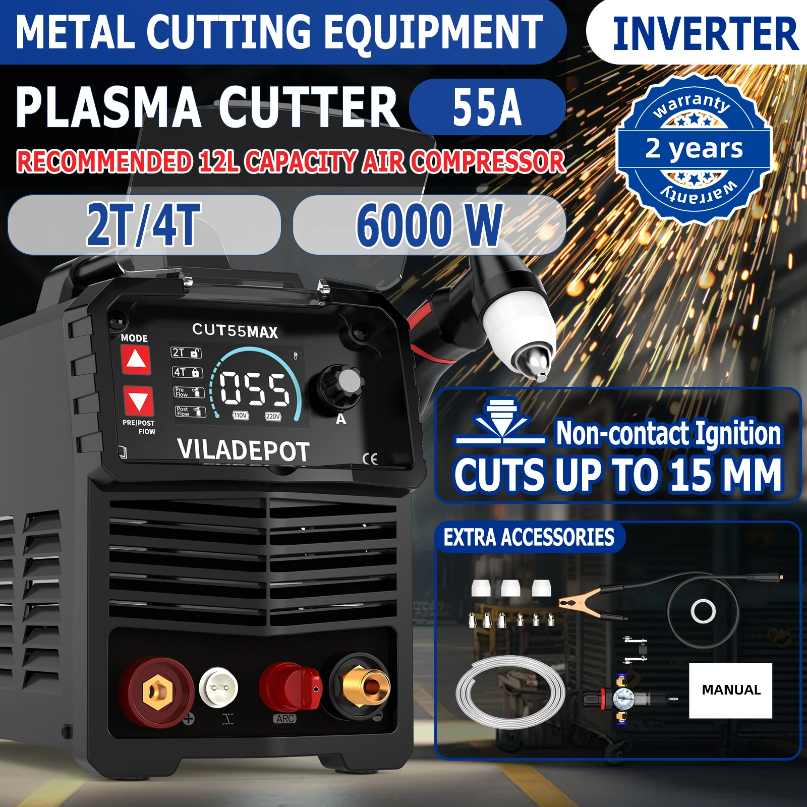 Viladepot 55A Plasma Cutter 220V Non-contact Cutting Pilot Arc CUT55 MAX 2T/4T Pre/Post Flow 15mm Plasma Cutting Machine IGBT
