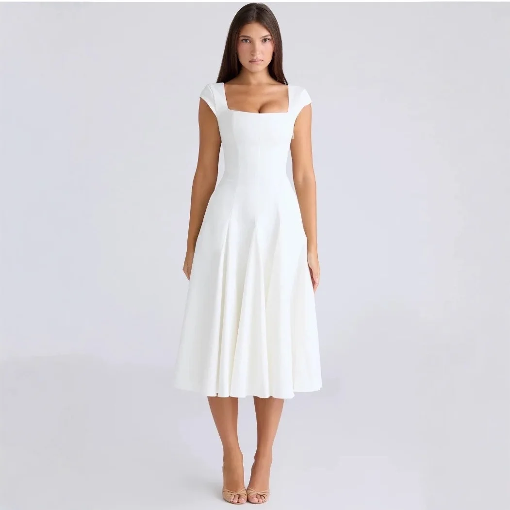 فستان Suninheart أنيق للنساء، أبيض برقبة مربعة وأكمام كيب، فستان مثير من الخلف برباط للحفلات، ملابس النادي