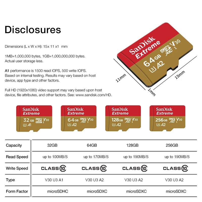 SanDisk 익스트림 microSDXC UHS-I 카드, 4K UHD 및 풀 HD 비디오 UHS 스피드 클래스 3 (U3) 및 비디오 스피드 클래스 30 (V30), 10PCs/로트