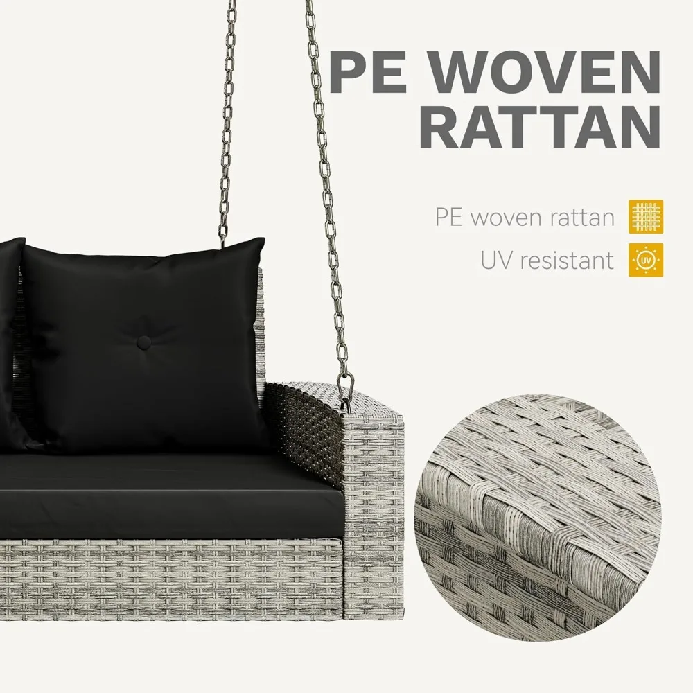 3-Seater Wicker Hanging Porch Swing Chair Outdoor Gray Rattan Patio Swing Lounge 3 Back Cushions Capacity for Garden, Balcony 5