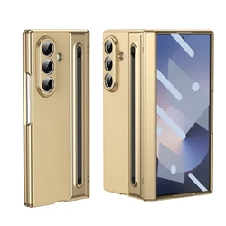 360° Folding Flap Case with Touch Pen Groove and Tempered Glass Film - Drop Resistant Phone Cover - Galaxy Z Fold4 (Gold)