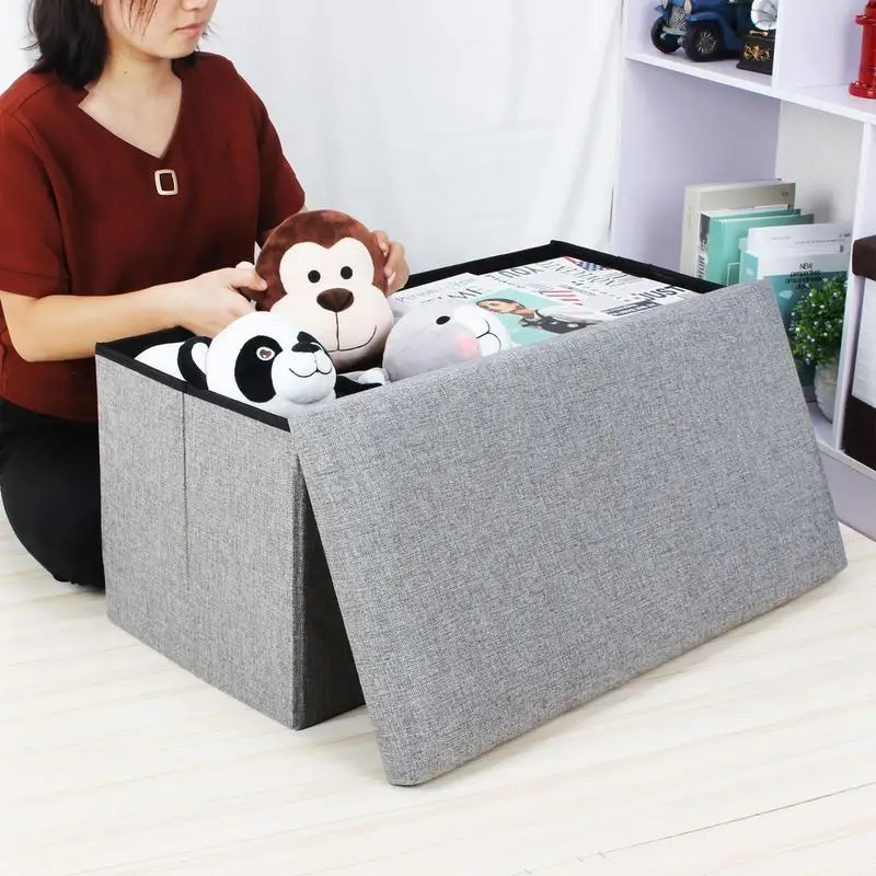 Foldable Ottoman Bench Seat Multifunctional Shoe Changing Stool Cotton Linen Foot Rest Stool Rectangular Storage Bin Box