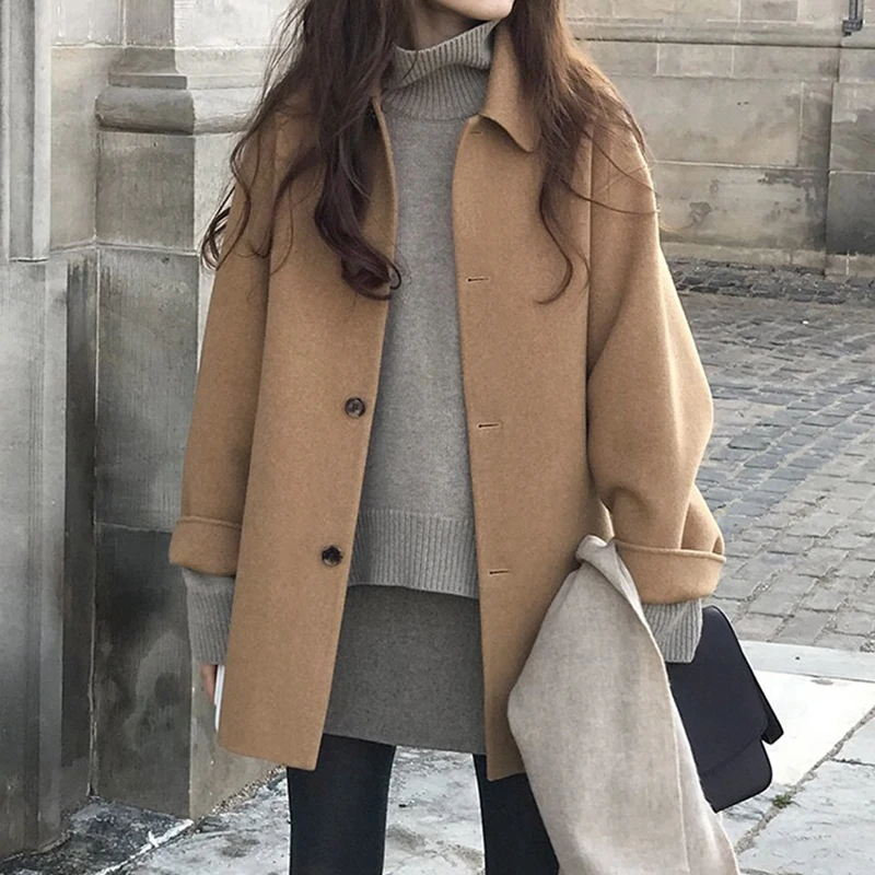 

Women Harajuku Fashion Turn Down Collar Single-Breasted All-match Fashion Elegant Single Breasted Coat Clothing New