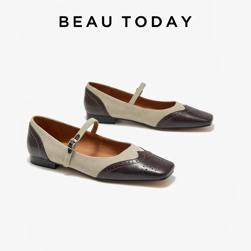 

BEAUTODAY Mary Janes Women Genuine Cow Leather Square Toe Buckle Starp Mixed Colors Patchwork Summer Ladies Shoes Handmade 28322