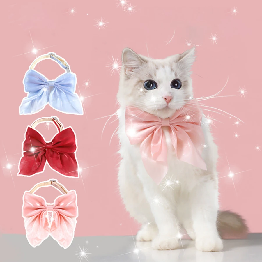 1 piece of shiny silk big bow cat collar cat tie adjustable pet collar necklace pet collar